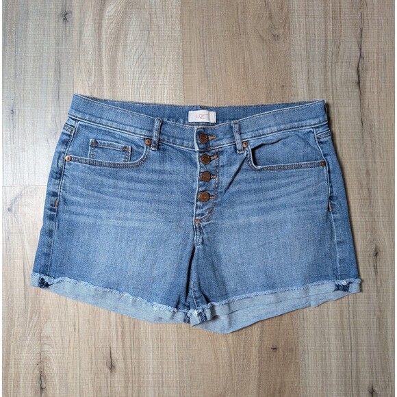 Loft Size 6 Denim Shorts Button Fly Rolled Cuffs Whiskered Medium Wash Boho - Picture 1 of 8